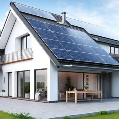 Renewable energy concept. Modern residential cottage with solar Renewable energy concept. Modern residential cottage with solar